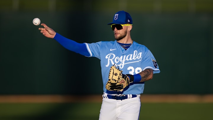 Mar 4, 2023; Surprise, Arizona, USA; Kansas City Royals designated hitter Carter Jensen against the Los Angeles Dodgers during a spring training game at Surprise Stadium. Mandatory Credit: Mark J. Rebilas-Imagn Images
