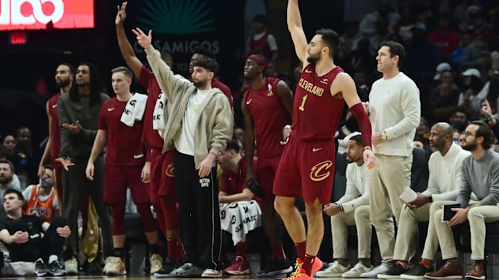 Dec 16, 2023; Cleveland, Ohio, USA; Cleveland Cavaliers guard Max Strus (1) watches as he makes a three point basket during the first half against the Atlanta Hawks at Rocket Mortgage FieldHouse. Mandatory Credit: Ken Blaze-Imagn Images