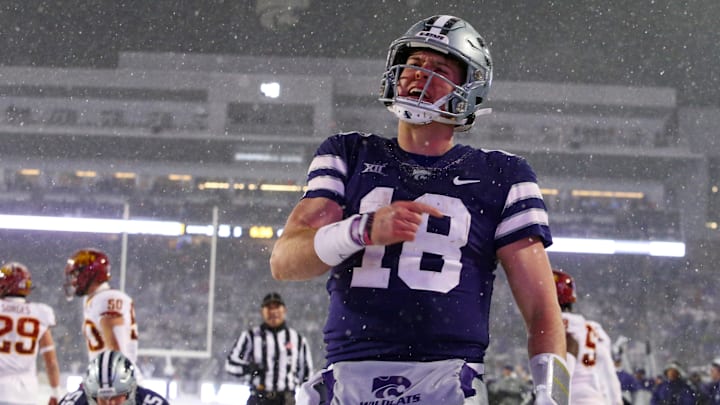 Nov 25, 2023; Manhattan, Kansas, USA; Kansas State Wildcats quarterback Will Howard (18) celebrates