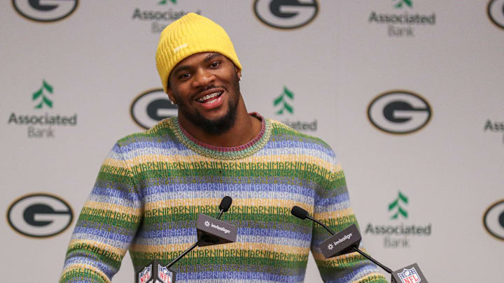 Green Bay Packers edge rusher Micah Parsons speaks during an introductory press conference