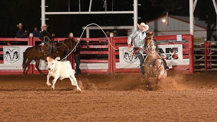 Paul David Tierney ropes a calf at the Santa Rosa Roundup in Vernon, Texas. The veteran competitor has finished top 10 in the PRCA All-Around World Standings twice in the past three years. 