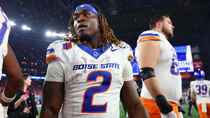 Dec 31, 2024; Glendale, AZ, USA; Boise State Broncos running back Ashton Jeanty (2) reacts after the game against the Penn State Nittany Lions in the Fiesta Bowl at State Farm Stadium. Mandatory Credit: Mark J. Rebilas-Imagn Images Dec 31, 2024; Glendale, AZ, USA; Boise State Broncos running back Ashton Jeanty (2) reacts after the game against the Penn State Nittany Lions in the Fiesta Bowl at State Farm Stadium. Mandatory Credit: Mark J. Rebilas-Imagn Images