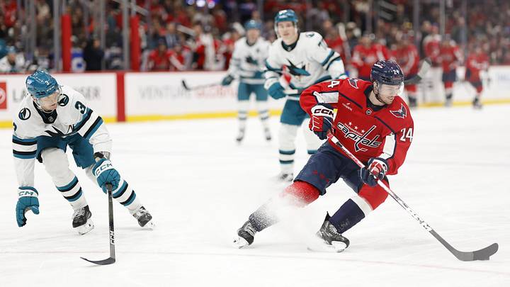 Jan 15, 2026; Washington, District of Columbia, USA; Washington Capitals center Connor McMichael (24) skates with the puck as San Jose Sharks defenseman John Klingberg (3) defends during the third period at Capital One Arena. Mandatory Credit: Geoff Burke-Imagn Images Jan 15, 2026; Washington, District of Columbia, USA; Washington Capitals center Connor McMichael (24) skates with the puck as San Jose Sharks defenseman John Klingberg (3) defends during the third period at Capital One Arena. Mandatory Credit: Geoff Burke-Imagn Images
