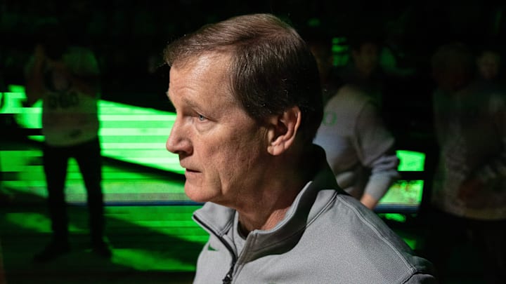 Oregon coach Dana Altman watches as his team is introduced before their basketball game against Ohio State at Matthew Knight Arena in Eugene Jan. 8, 2026. Oregon coach Dana Altman watches as his team is introduced before their basketball game against Ohio State at Matthew Knight Arena in Eugene Jan. 8, 2026.