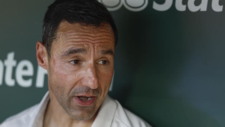 Jul 3, 2025; Chicago, Illinois, USA; Cleveland Guardians president of baseball operations Chris Antonetti speaks before a baseball game between the Chicago Cubs and Cleveland Guardians at Wrigley Field. Mandatory Credit: Kamil Krzaczynski-Imagn Images