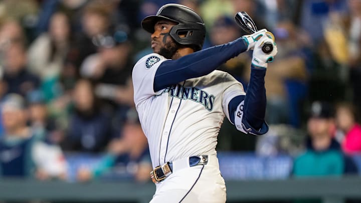 Right fielder Victor Robles hits a two-RBI double during a game against the Detroit Tigers on April 2 at T-Mobile Park.