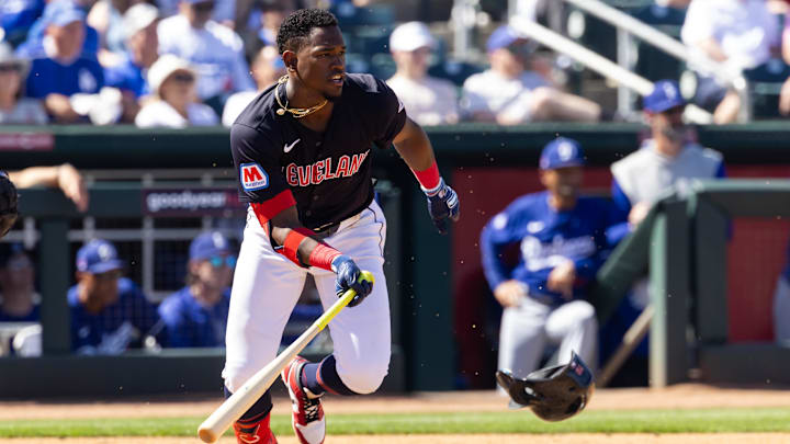 Mar 11, 2024; Goodyear, Arizona, USA; Cleveland Guardians infielder Angel Martinez against the Los Angeles Dodgers during a spring training game at Goodyear Ballpark. Mandatory Credit: Mark J. Rebilas-USA TODAY Sports