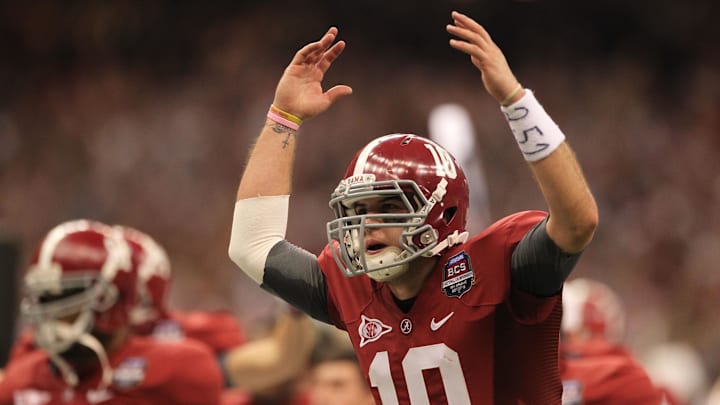 Jan 9, 2012; New Orleans, LA, USA; Alabama Crimson Tide quarterback A.J. McCarron (10) reacts after a field goal to end the first half of the 2012 BCS National Championship game against the LSU Tigers at the Mercedes-Benz Superdome.