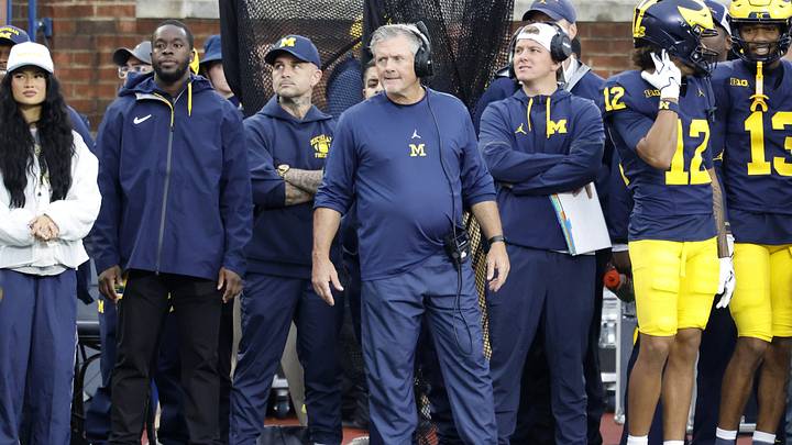 Sep 19, 2026; Ann Arbor, Michigan, USA;  Michigan Wolverines head coach Kyle Whittingham on the sidelines during the third quarter against the Texas El Paso Miners at Michigan Stadium.  Mandatory Credit: Rick Osentoski-Imagn Images