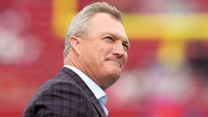 Sep 28, 2025; Santa Clara, California, USA; San Francisco 49ers general manager John Lynch before the game against the Jacksonville Jaguars at Levi's Stadium. Mandatory Credit: Darren Yamashita-Imagn Images