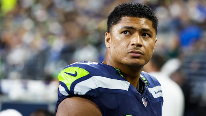 Aug 24, 2024; Seattle, Washington, USA; Seattle Seahawks offensive tackle Sataoa Laumea (63) stands on the sideline during the first quarter against the Cleveland Browns at Lumen Field. Mandatory Credit: Joe Nicholson-Imagn Images