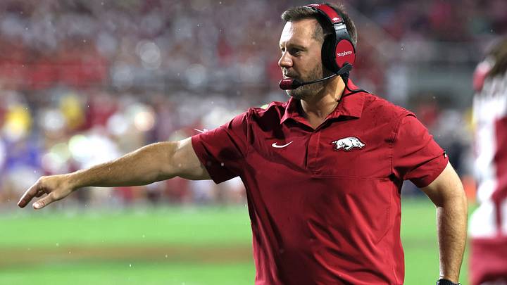 Arkansas Razorbacks head coach Ryan Silverfield during the first half against the Tulsa Golden Hurricanes at Donald W. Reynolds Razorback Stadium. Mandatory Credit: Nelson Chenault-Imagn Images Arkansas Razorbacks head coach Ryan Silverfield during the first half against the Tulsa Golden Hurricanes at Donald W. Reynolds Razorback Stadium. Mandatory Credit: Nelson Chenault-Imagn Images