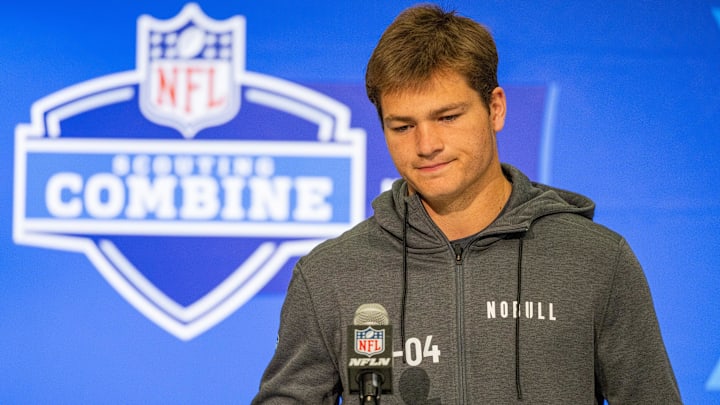 Mar 1, 2024; Indianapolis, IN, USA; North Carolina quarterback Drake Maye (QB04) talks to the media