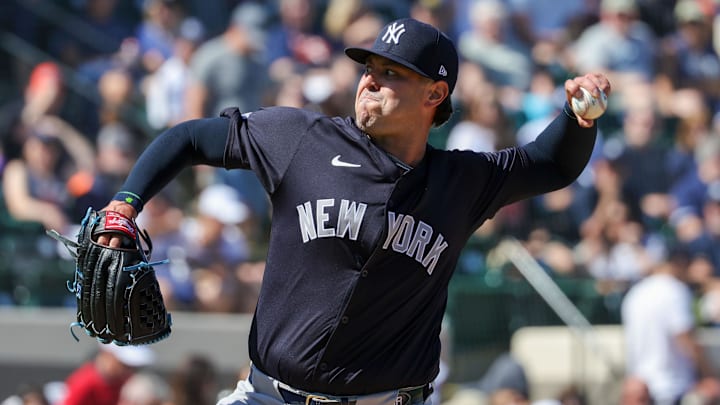 Feb 24, 2024; Lakeland, Florida, USA; New York Yankees relief pitcher Nick Ramirez (63) pitches
