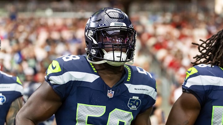 Sep 25, 2025; Glendale, Arizona, USA; Seattle Seahawks linebacker Derick Hall (58) against the Arizona Cardinals at State Farm Stadium. Mandatory Credit: Mark J. Rebilas-Imagn Images