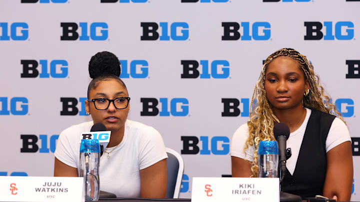 USC guard JuJu Watkins and forward Kiki Iriafen take a question at the podium during the 2024 Big Ten Womenís Basketball media day.