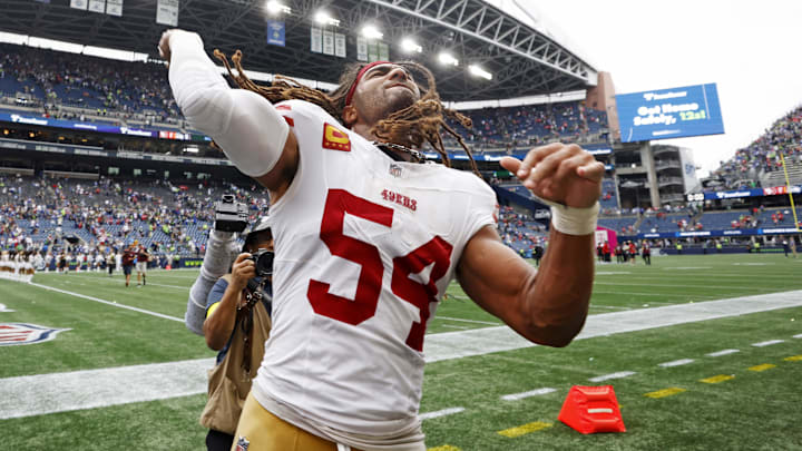 Sep 7, 2025; Seattle, Washington, USA; San Francisco 49ers linebacker Fred Warner (54) reacts after the game against the Seattle Seahawks during the fourth quarter at Lumen Field. Mandatory Credit: Joe Nicholson-Imagn Images