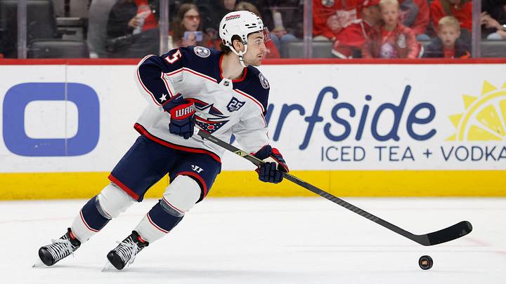 Apr 7, 2026; Detroit, Michigan, USA; Columbus Blue Jackets defenseman Denton Mateychuk (5) skates with the puck in the second period against the Detroit Red Wings at Little Caesars Arena. Mandatory Credit: Rick Osentoski-Imagn Images Apr 7, 2026; Detroit, Michigan, USA; Columbus Blue Jackets defenseman Denton Mateychuk (5) skates with the puck in the second period against the Detroit Red Wings at Little Caesars Arena. Mandatory Credit: Rick Osentoski-Imagn Images