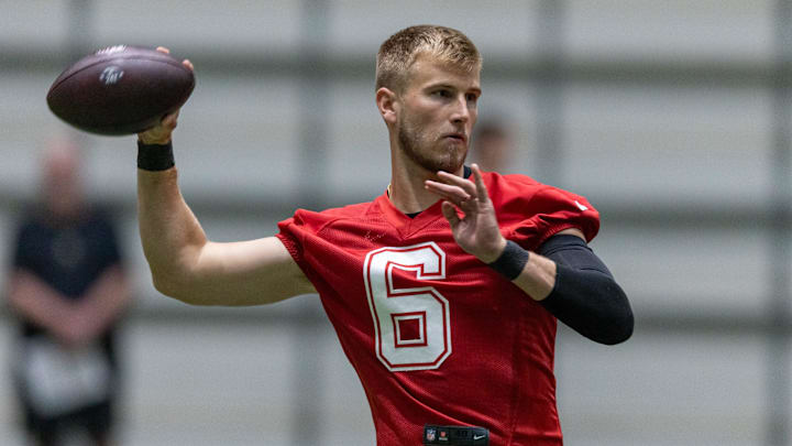 May 10, 2025; New Orleans, LA, USA; New Orleans Saints quarterback Tyler Shough (6) during rookie minicamp at Ochsner Sports Performance Center. Mandatory Credit: Stephen Lew-Imagn Images May 10, 2025; New Orleans, LA, USA; New Orleans Saints quarterback Tyler Shough (6) during rookie minicamp at Ochsner Sports Performance Center. Mandatory Credit: Stephen Lew-Imagn Images