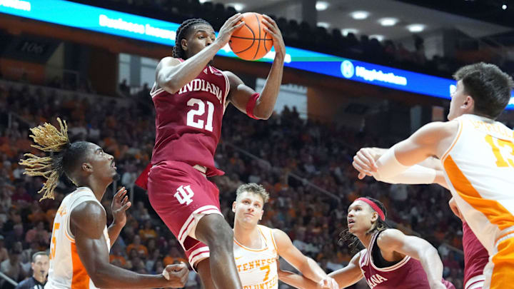 Indiana forward Mackenzie Mgbako (21) gets the reboudn during a college basketball exhibition game against Tennessee on Sunday, October 27, 2024, in Knoxville. Tenn. Indiana forward Mackenzie Mgbako (21) gets the reboudn during a college basketball exhibition game against Tennessee on Sunday, October 27, 2024, in Knoxville. Tenn.