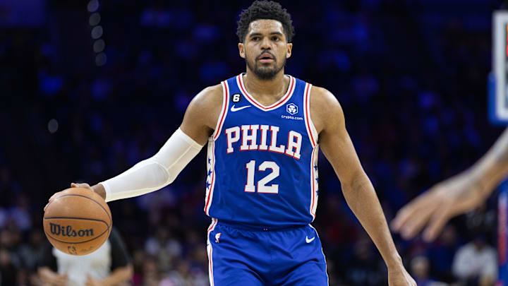 Jan 10, 2023; Philadelphia, Pennsylvania, USA; Philadelphia 76ers forward Tobias Harris (12): Bill Streicher-USA TODAY Sports