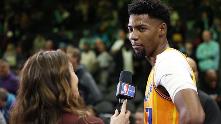 Jan 31, 2026; Charlotte, North Carolina, USA; Charlotte Hornets forward Brandon Miller (24) is interviewed following the game against the San Antonio Spurs at Spectrum Center. Mandatory Credit: Brian Westerholt-Imagn Images