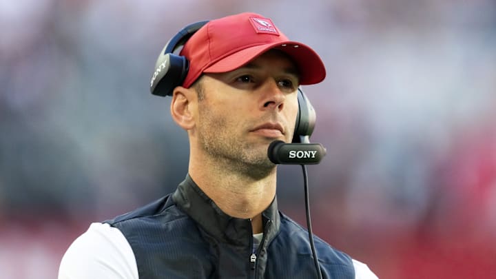 Dec 21, 2025; Glendale, Arizona, USA;  Arizona Cardinals head coach Jonathan Gannon against the Atlanta Falcons at State Farm Stadium. Mandatory Credit: Mark J. Rebilas-Imagn Images