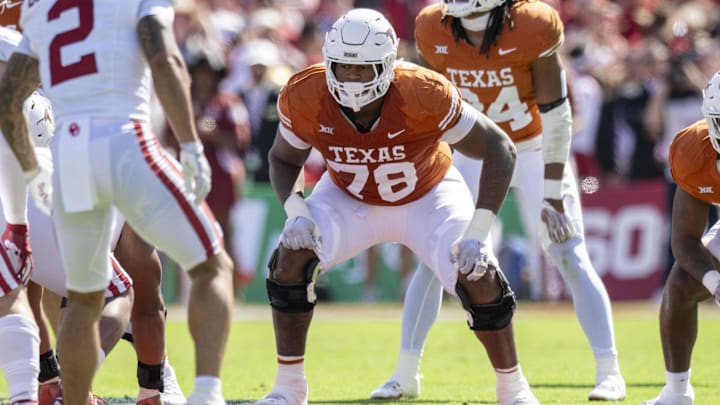 Oct 7, 2023; Dallas, Texas, USA; Texas Longhorns offensive lineman Kelvin Banks Jr. (78) in action during the game between the Texas Longhorns and the Oklahoma Sooners at the Cotton Bowl. Mandatory Credit: Jerome Miron-Imagn Images Oct 7, 2023; Dallas, Texas, USA; Texas Longhorns offensive lineman Kelvin Banks Jr. (78) in action during the game between the Texas Longhorns and the Oklahoma Sooners at the Cotton Bowl. Mandatory Credit: Jerome Miron-Imagn Images