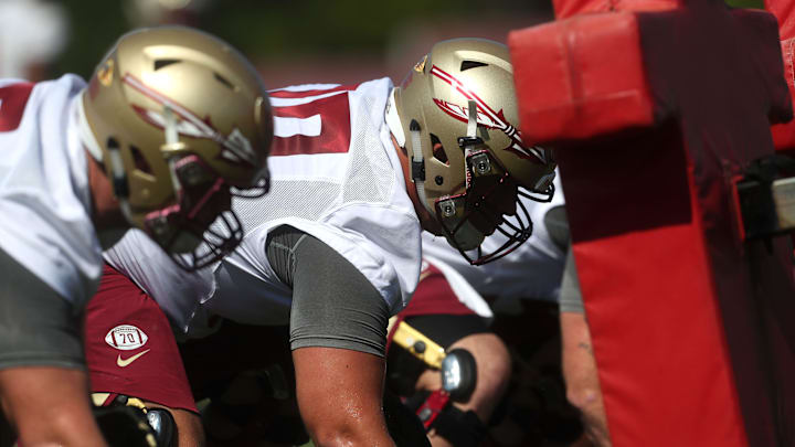 FSU's offensive line works out during their opening practice for fall camp at the Al Dunlap Training Facility Monday, Aug. 6, 2018. 

636691563153527519-B49I3032.jpg