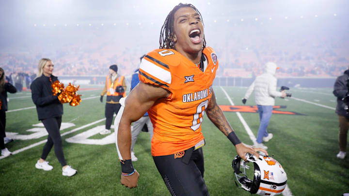Oct 28, 2023; Stillwater, Oklahoma, USA; Oklahoma State Cowboys running back Ollie Gordon II (0)