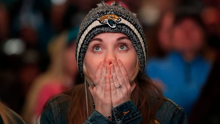 Hope Spooner reacts to costly mistakes committed by the Jacksonville Jaguars during the second half Saturday, Jan 21, 2023 at TIAA Bank Field's Dream Finders Homes Flex Field at Daily's Place in Jacksonville, Fla. 