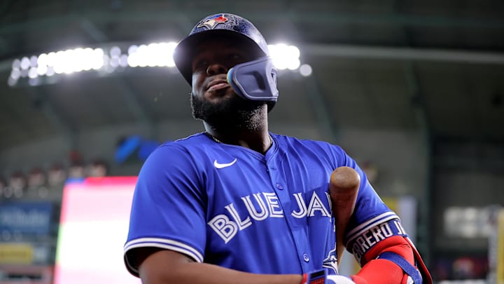 Apr 21, 2025; Houston, Texas, USA;Toronto Blue Jays first baseman Vladimir Guerrero Jr. (27) prior to the game against the Houston Astros at Daikin Park. 