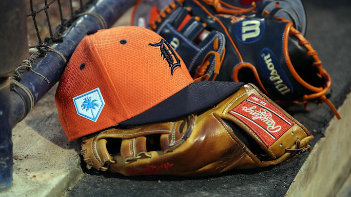 Mar 8, 2019; Tampa, FL, USA; Detroit Tigers hat and glove lay in the dugout against the New York Yankees at George M. Steinbrenner Field. Mar 8, 2019; Tampa, FL, USA; Detroit Tigers hat and glove lay in the dugout against the New York Yankees at George M. Steinbrenner Field.