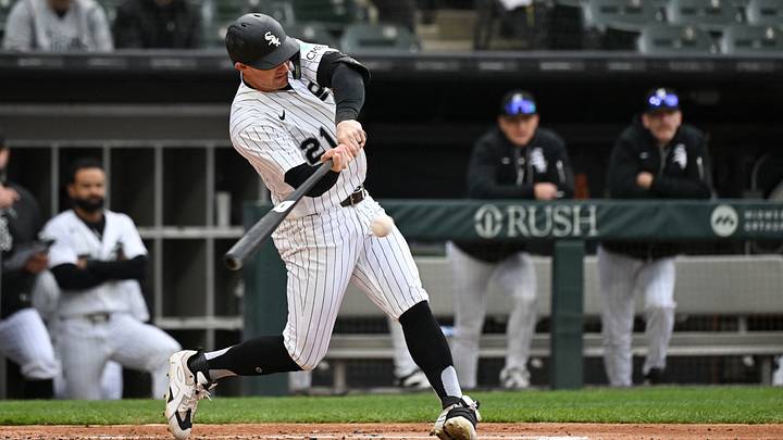 Apr 29, 2026; Chicago, Illinois, USA;  Chicago White Sox left fielder Austin Hays singles against the Los Angeles Angels during the first inning at Rate Field. Mandatory Credit: Matt Marton-Imagn Images