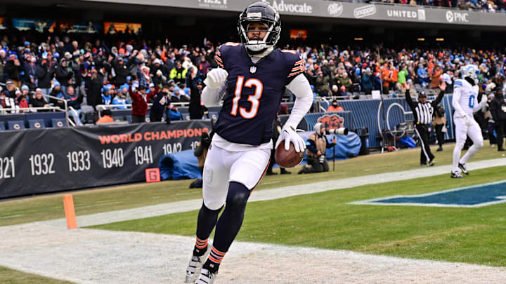 Dec 22, 2024; Chicago, Illinois, USA; Chicago Bears wide receiver Keenan Allen (13) reacts after a touchdown reception against the Detroit Lions during the second quarter at Soldier Field. Mandatory Credit: Daniel Bartel-Imagn Images