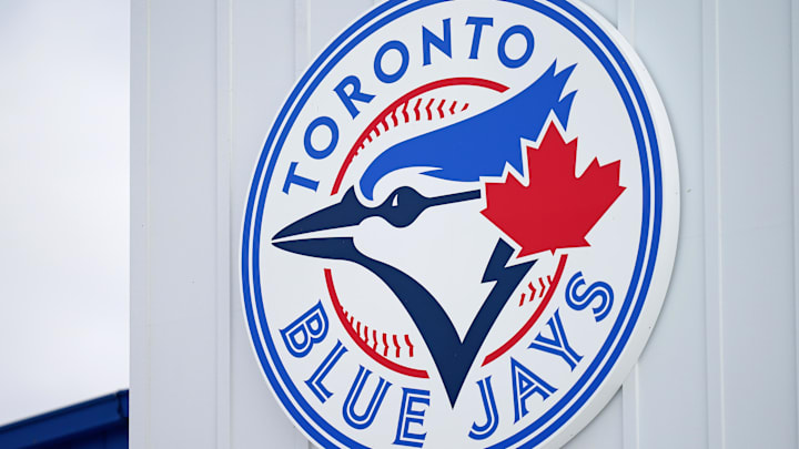 Mar 6, 2021; Dunedin, Florida, USA; A detailed view of the Toronto Blue Jays logo on a building at TD Ballpark during the spring training game between the Toronto Blue Jays and the Philadelphia Phillies. Mandatory Credit: Jasen Vinlove-Imagn Images