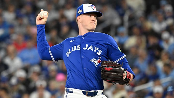 Oct 13, 2025; Toronto, Ontario, CAN; Toronto Blue Jays pitcher Braydon Fisher (63) pitches against the Seattle Mariners in the seventh inning during game two of the ALCS round for the 2025 MLB playoffs at Rogers Centre. Mandatory Credit: Dan Hamilton-Imagn Images