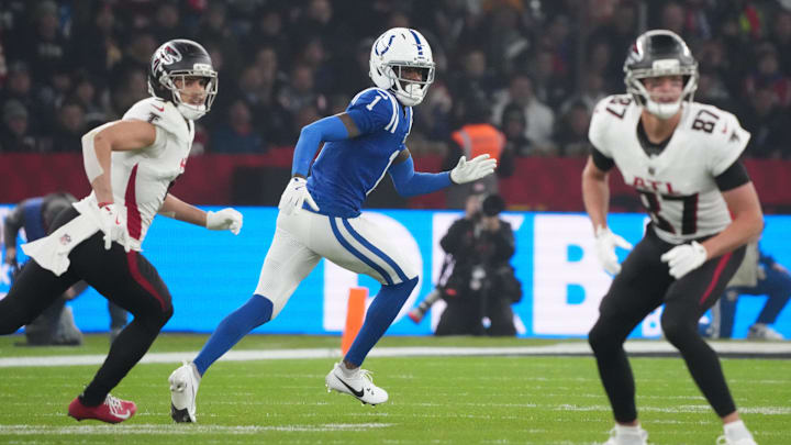 Nov 9, 2025; Berlin, Germany; Indianapolis Colts cornerback Sauce Gardner (1) in action against the Atlanta Falcons during the NFL Berlin Game at Olympic Stadium. Mandatory Credit: Kirby Lee-Imagn Images