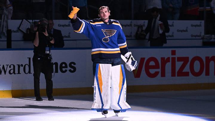 Mar 26, 2026; St. Louis, Missouri, USA; St. Louis Blues goaltender Joel Hofer (30) acknowledges fans after being named the second star of the game after beating the San Jose Sharks at Enterprise Center. Mandatory Credit: Joe Puetz-Imagn Images