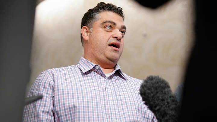 Nov 8, 2022; Las Vegas, NV, USA; Los Angeles Angels general manager Perry Minasian answers questions Nov 8, 2022; Las Vegas, NV, USA; Los Angeles Angels general manager Perry Minasian answers questions