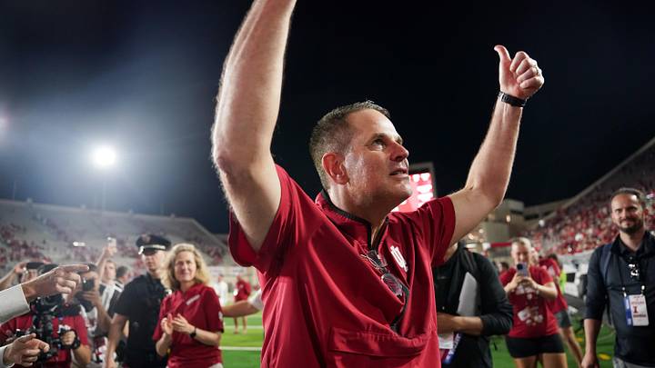 Sep 20, 2025; Bloomington, Indiana, USA; Indiana Hoosiers head coach Curt Cignetti celebrates after defeating the Illinois Fighting Illini at Memorial Stadium. Mandatory Credit: Robert Goddin-Imagn Images