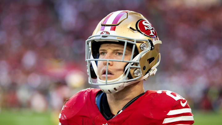 Dec 17, 2023; Glendale, Arizona, USA; San Francisco 49ers running back Christian McCaffrey (23) against the Arizona Cardinals at State Farm Stadium. Mandatory Credit: Mark J. Rebilas-Imagn Images