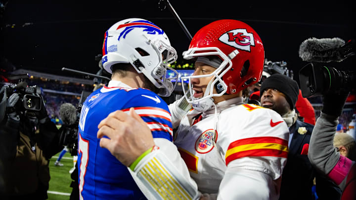 Jan 21, 2024; Orchard Park, New York, USA; Kansas City Chiefs quarterback Patrick Mahomes (15) greets Buffalo Bills quarterback Josh Allen (17) following the 2024 AFC divisional round game at Highmark Stadium. 