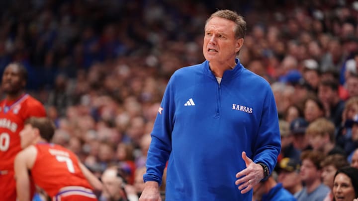 Kansas Jayhawks head coach Bill Self yells out during the Sunflower Showdown game inside Allen Fieldhouse in Lawrence, Kansas, on Saturday, March 7, 2026.