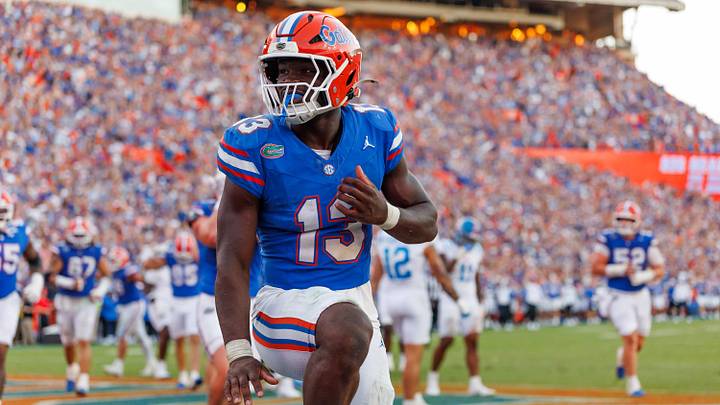Sep 26, 2026; Gainesville, Florida, USA; Florida Gators running back Jadan Baugh (13) celebrates with a Heisman pose against the Mississippi Rebels during the second half at Ben Hill Griffin Stadium. Sep 26, 2026; Gainesville, Florida, USA; Florida Gators running back Jadan Baugh (13) celebrates with a Heisman pose against the Mississippi Rebels during the second half at Ben Hill Griffin Stadium.