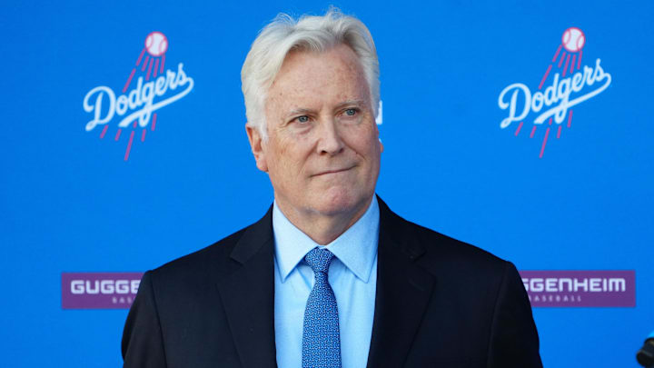 Dec 14, 2023; Los Angeles, CA, USA;  Los Angeles Dodgers owner Mark Walter at a introductory press conference for Shohei Ohtani at Dodger Stadium. Mandatory Credit: Kirby Lee-Imagn Images