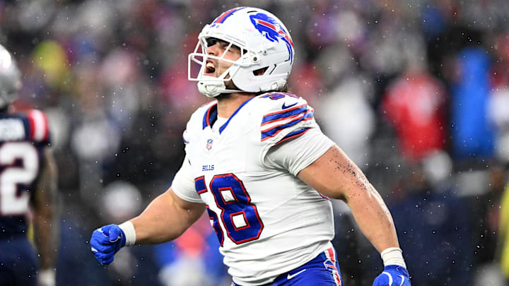 Dec 14, 2025; Foxborough, Massachusetts, USA; Buffalo Bills linebacker Matt Milano (58) reacts after a sack against the New England Patriots during the second half at Gillette Stadium. Dec 14, 2025; Foxborough, Massachusetts, USA; Buffalo Bills linebacker Matt Milano (58) reacts after a sack against the New England Patriots during the second half at Gillette Stadium.