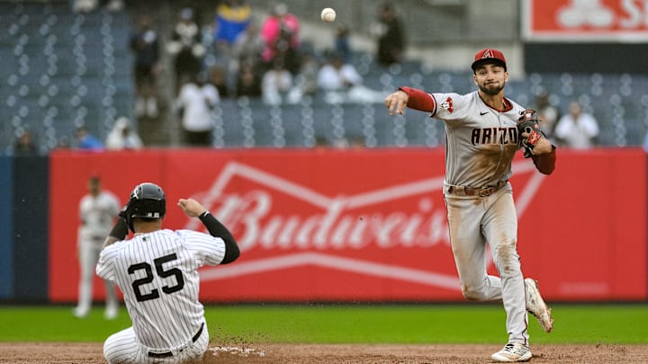 Sep 25, 2023; Bronx, New York, USA; Arizona Diamondbacks shortstop Jordan Lawlar (10) gets a force out against New York Yankees second baseman Gleyber Torres (25) during the sixth inning at Yankee Stadium. Mandatory Credit: John Jones-Imagn Images Sep 25, 2023; Bronx, New York, USA; Arizona Diamondbacks shortstop Jordan Lawlar (10) gets a force out against New York Yankees second baseman Gleyber Torres (25) during the sixth inning at Yankee Stadium. Mandatory Credit: John Jones-Imagn Images