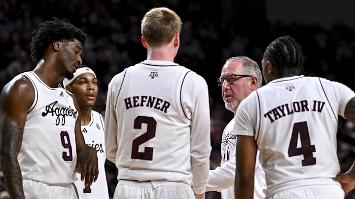 Dec 28, 2024; College Station, Texas, USA; Texas A&M Aggies coach Buzz Williams speaks during a medical timeout in the second half against the Abilene Christian Wildcats at Reed Arena. Dec 28, 2024; College Station, Texas, USA; Texas A&M Aggies coach Buzz Williams speaks during a medical timeout in the second half against the Abilene Christian Wildcats at Reed Arena.