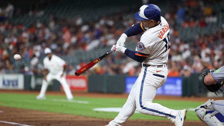 Houston Astros center fielder Daulton Varsho (18) bats against his former team, the Toronto Blue Jays. Houston Astros center fielder Daulton Varsho (18) bats against his former team, the Toronto Blue Jays.